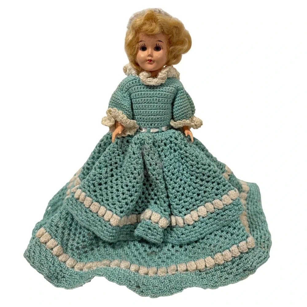 Vintage Hard Plastic Doll Teal Crochet Gown Blonde Hair Sleep Eyes 8 Inch